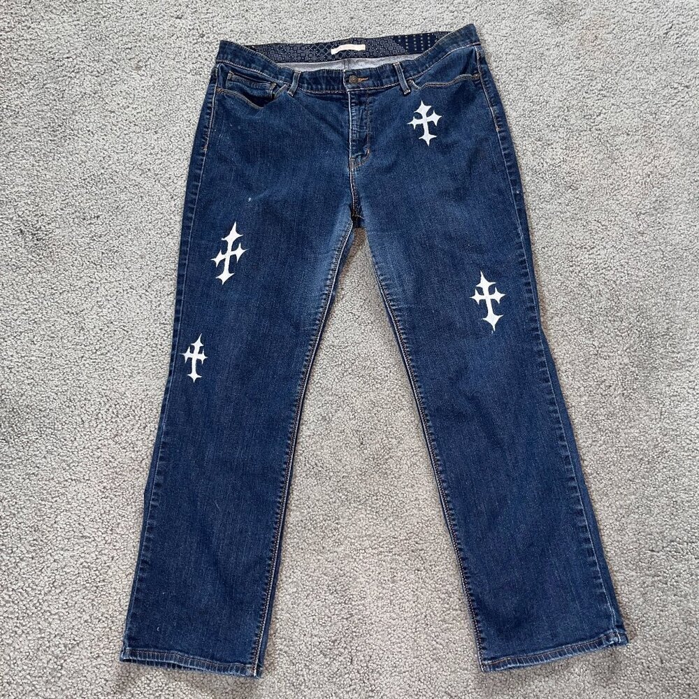 LEVI'S 525 PERFECT WAIST STRETCH JEANS CUSTOME CHROME HEART CROSS DESIGN 34X30